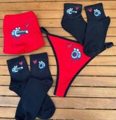 Çoraplı İç Çamaşırı Takımı - Eğlenceli KIRMIZI  Çift Boxer Takımı