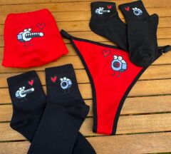 Çoraplı İç Çamaşırı Takımı - Eğlenceli KIRMIZI  Çift Boxer Takımı